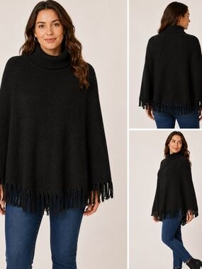 INC International Concepts Petite 100% Cashmere Black Turtleneck Fringe Poncho S